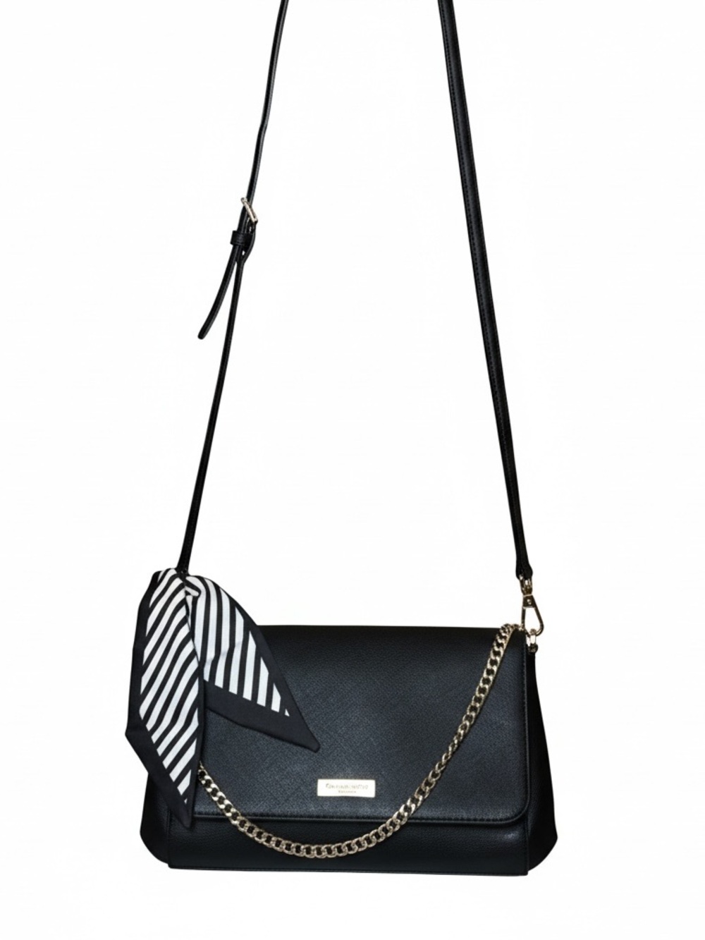Kate Spade Black Shoulder Bag with Striped Scarf and Chain Detail